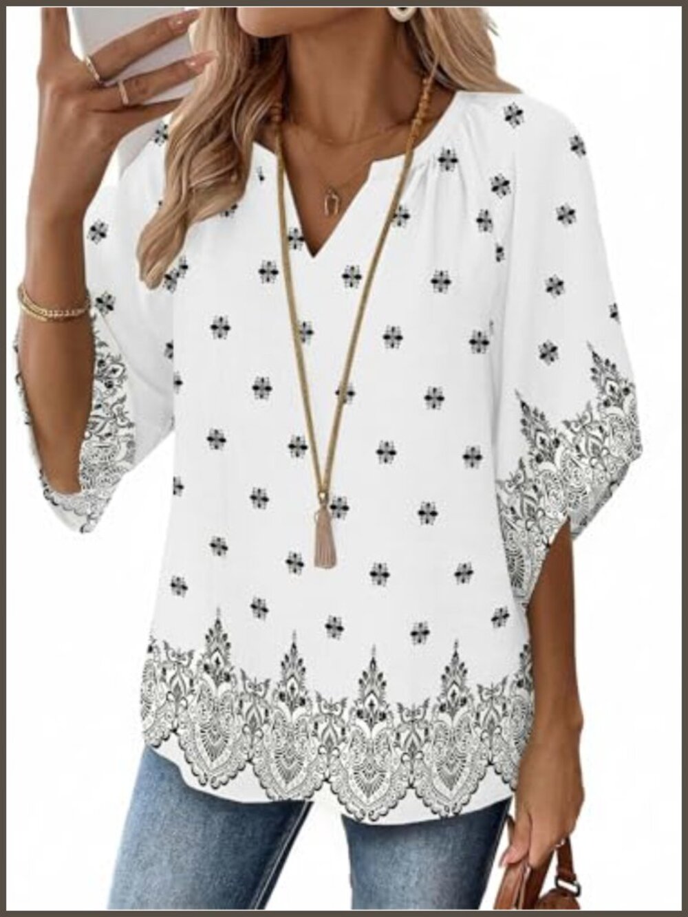 Boho Floral Peasant Blouse 3/4 Bell Sleeve V-Neck Tunic Top